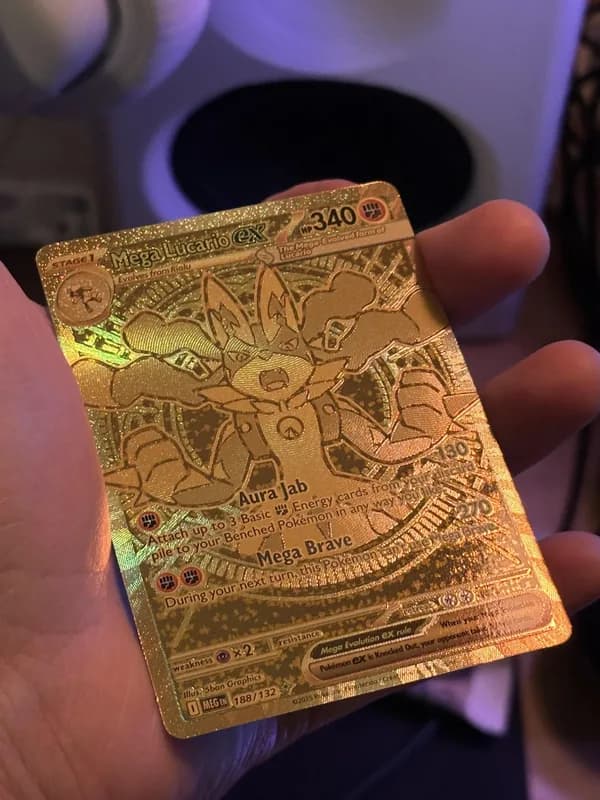 Mega Lucario ex, an English gold card with spots on the gold surface